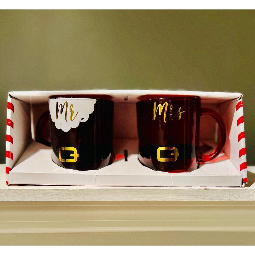 Mr. &  Mrs. Santa Claus Christmas Mugs Set of 2 Holiday Mugs, New in Box, Flawed